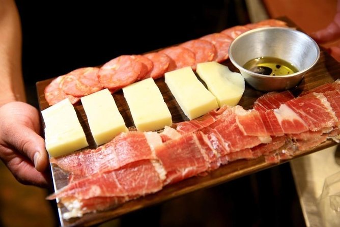 Tidbits Route - The included snack tasting: cheeses, sausages, and Portuguese wine
